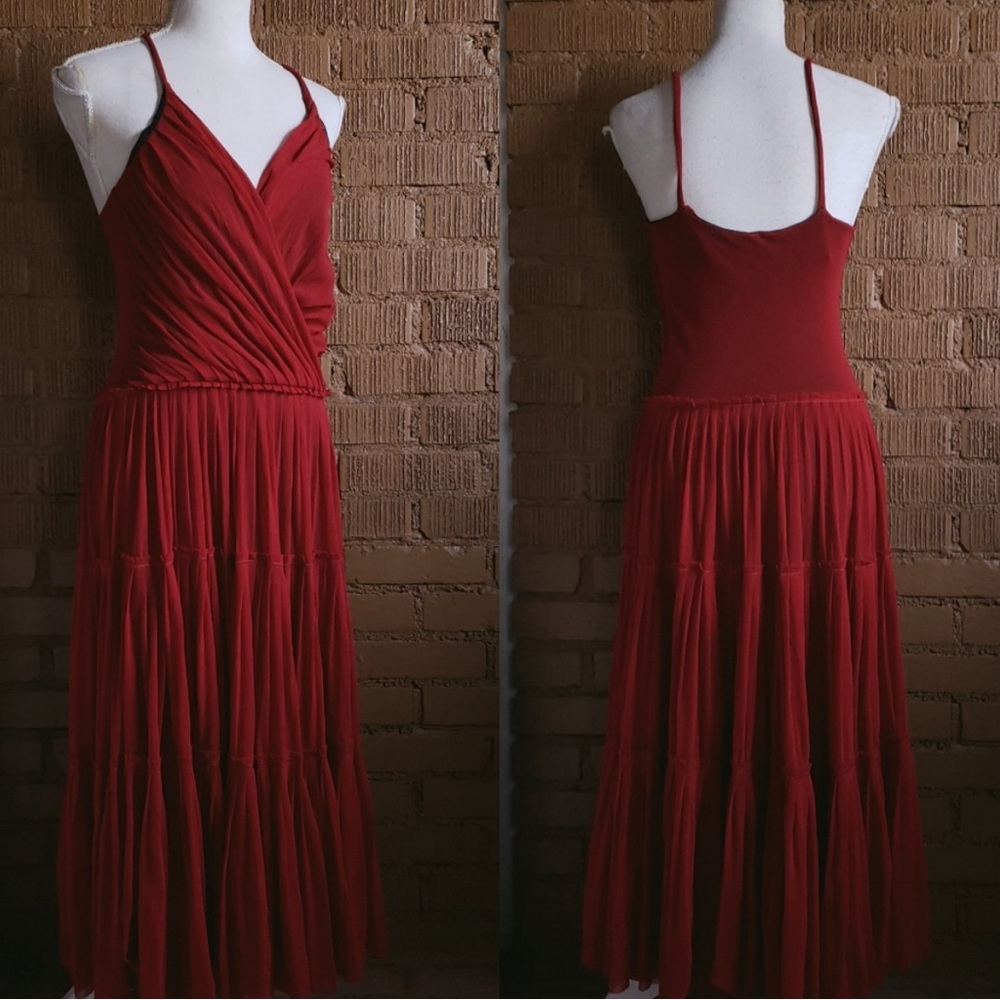Fuzzi Jean Paul Gaultier Red Tiered Mesh Midi Dress